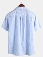 Men's Striped Cotton Blue Summer Button Up Cuban Collar Camp Short Sleeve Beach Shirt