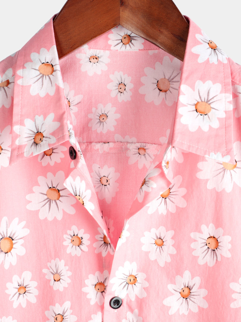 Men's Floral Daisy Print Tropical Hawaiian Cotton Flower Shirt