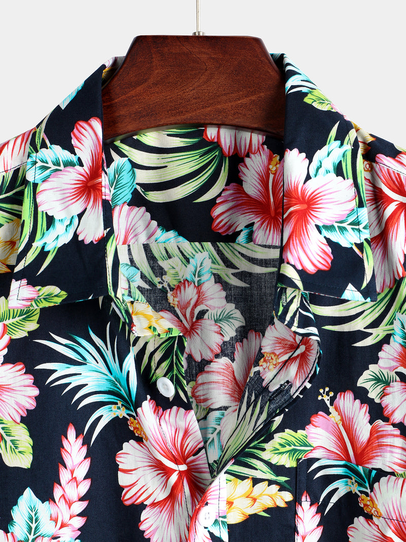 Men's Dark Blue Floral Holiday Short Sleeve Cotton Shirt