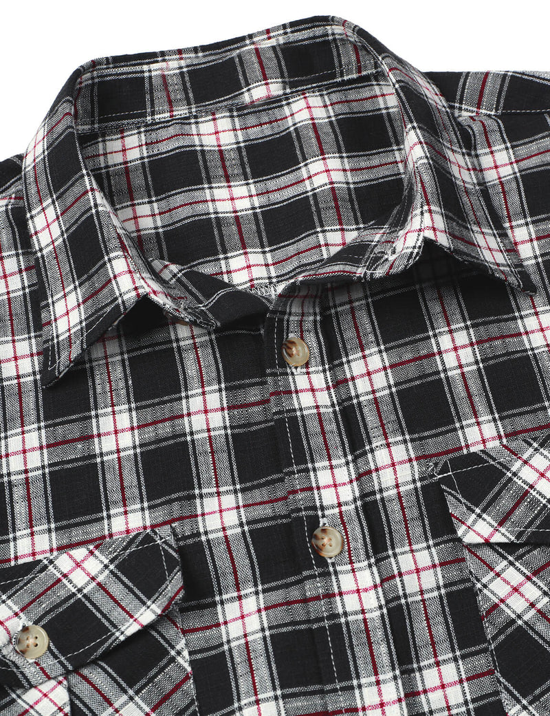 Men's Linen Plaid Pocket Cowboy Check Short Sleeve Black Button Up Western Shirt