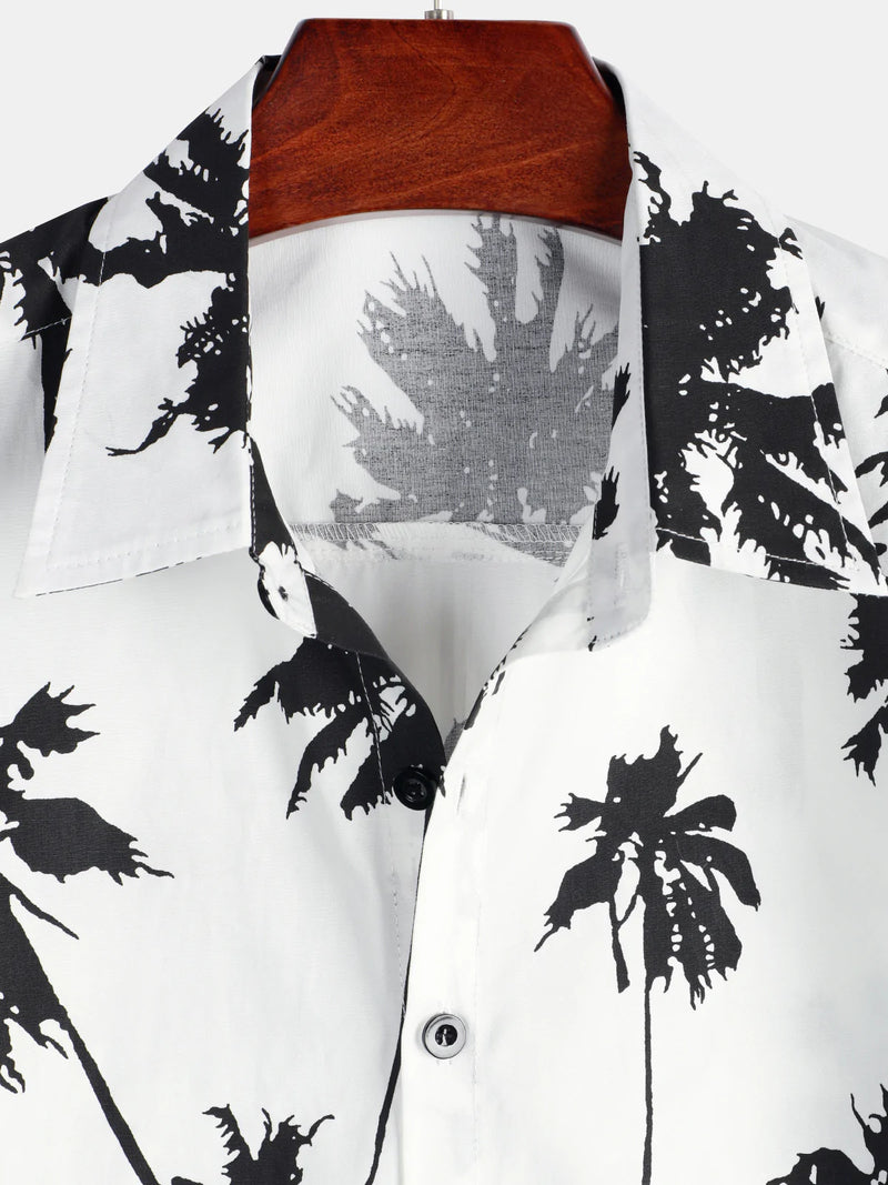 Men's Tropical Palm Tree Print Cotton White Hawaiian Short Sleeve Summer Beach Cruise Camp Shirt