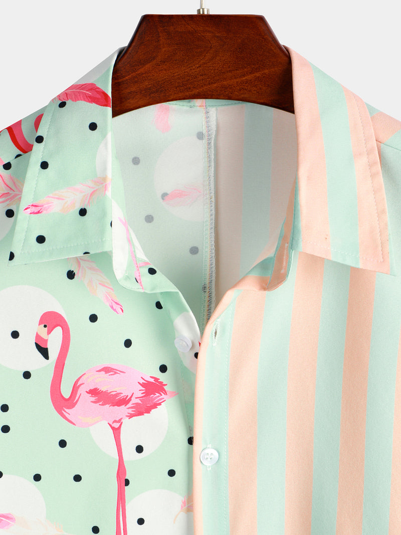 Men's Pineapple & Striped Print Holiday Short Sleeve Shirt