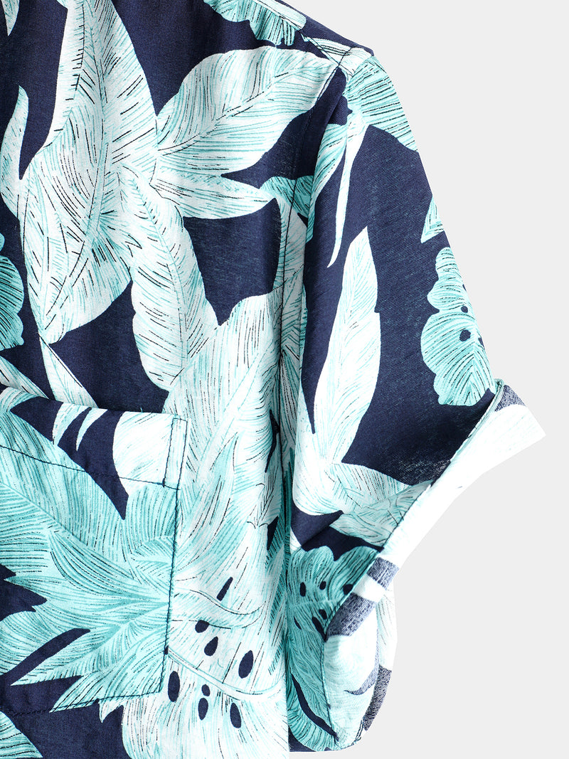 Men's Tropical Leaf Print Pocket Short Sleeve Shirt