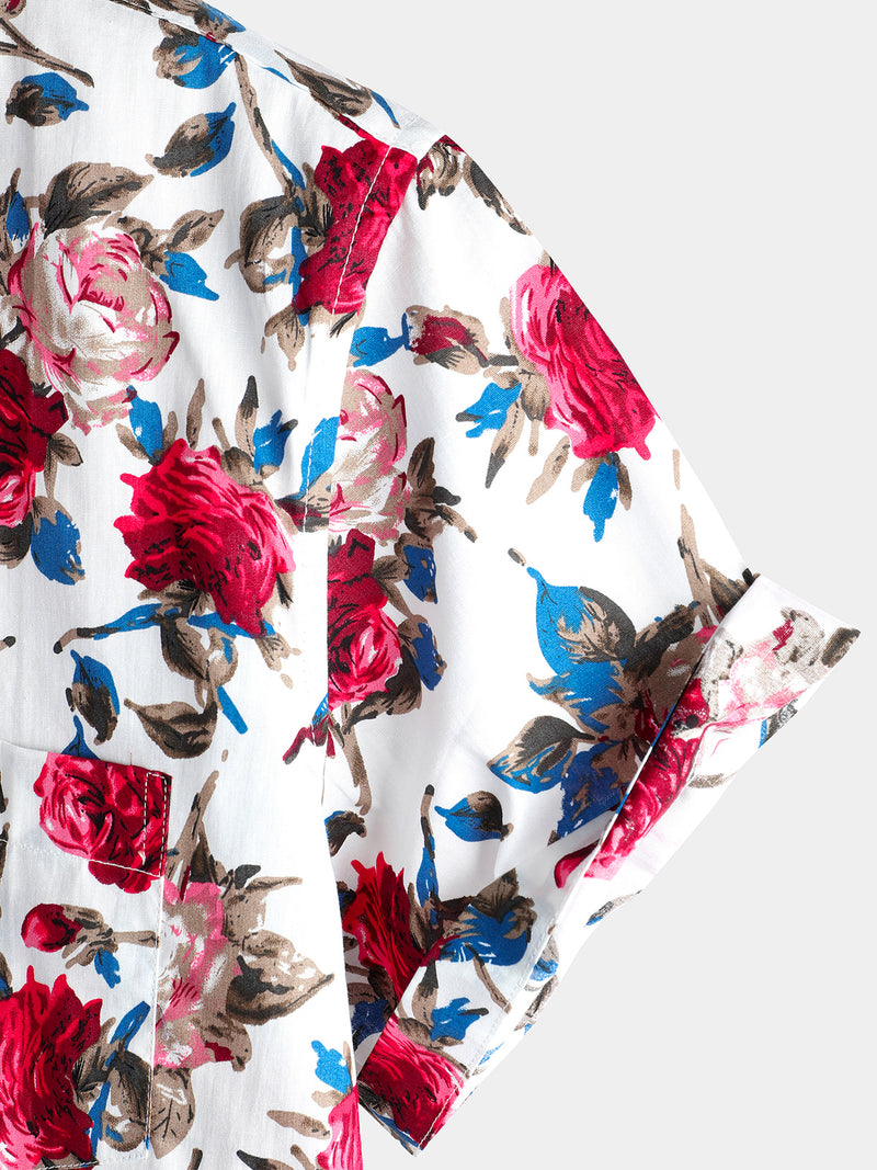 Men's White Floral Print Holiday Cotton Rose Shirt