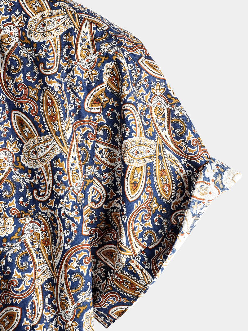 Men's Vintage Paisley Pocket Holiday Cotton Short Sleeve Shirt