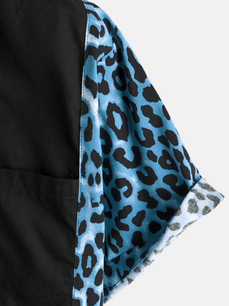 Men's Leopard Print Boling Casual Button Up Short Sleeve Hawaiian Summer Shirt
