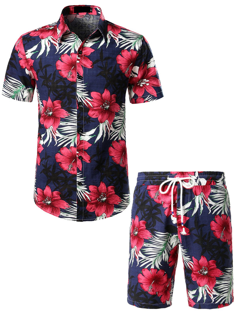 Men's Flower Casual Button Down Hawaiian Shirts&Shorts