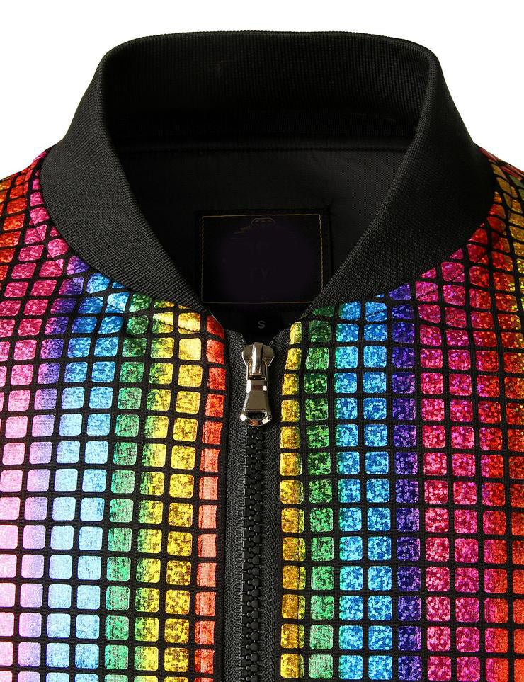 Men's Metallic Sequins Baseball Bomber Jacket Disco Party Costume