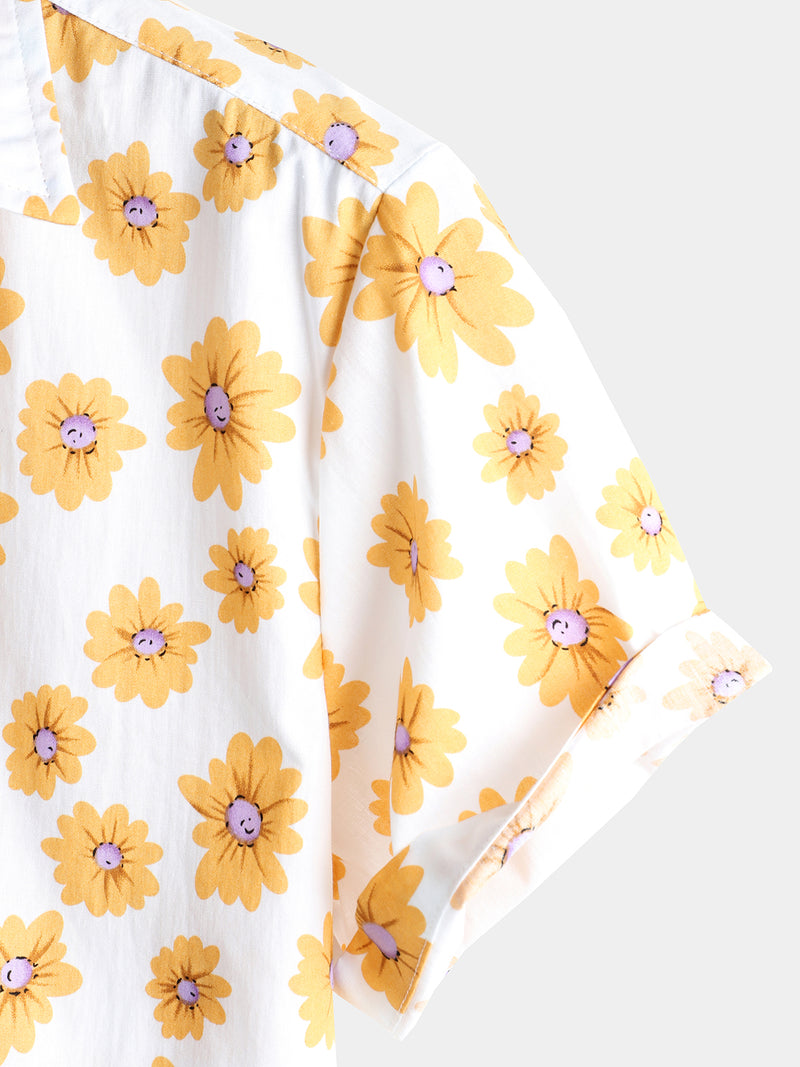 Men's Floral Daisy Print Tropical Hawaiian Cotton Flower Shirt
