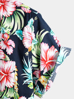 Men's Dark Blue Floral Holiday Short Sleeve Cotton Shirt