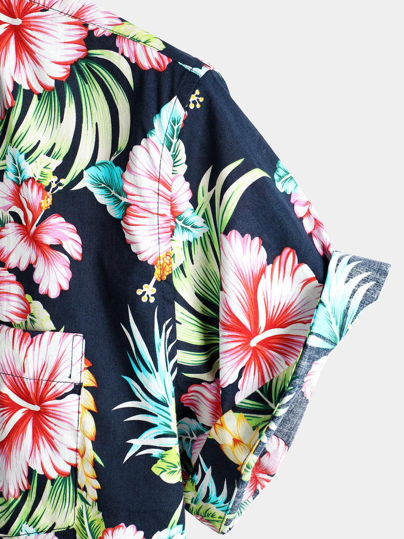Men's Dark Blue Floral Holiday Short Sleeve Cotton Shirt