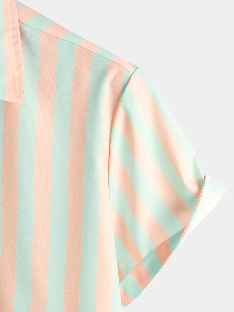 Men's Pineapple & Striped Print Holiday Short Sleeve Shirt