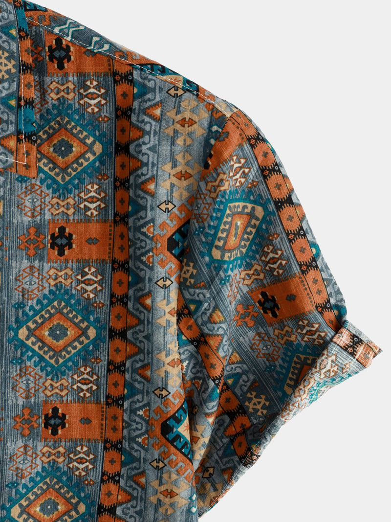 Men's Casual Vintage Short Sleeve 70s Retro Patchwork Button Up Lapel Shirt