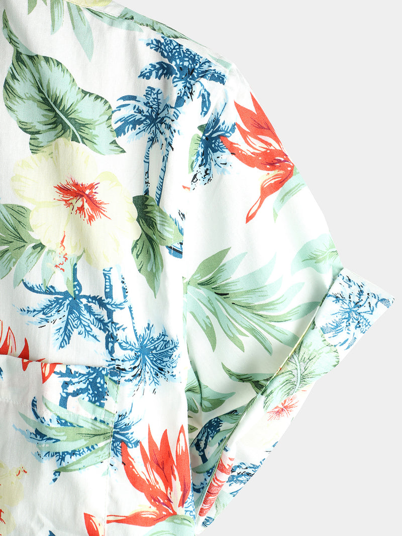 Men's Tropical Floral White Pocket Holiday Cotton Shirt