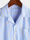Men's Striped Cotton Blue Summer Button Up Cuban Collar Camp Short Sleeve Beach Shirt
