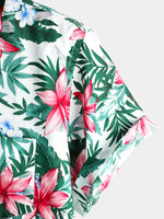 Men's White Tropical Floral Pocket Holiday Cotton Shirt