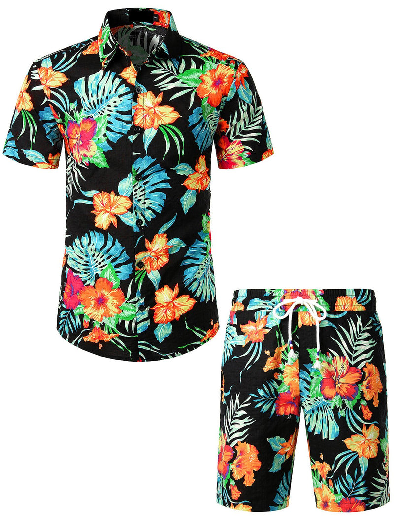Men's Flower Casual Button Down Hawaiian Shirts&Shorts