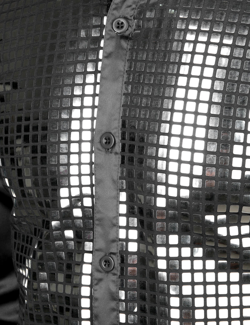 Mens Dress Shirt Silver Sequins Long Sleeve Button Down Disco Shirt Party Costume