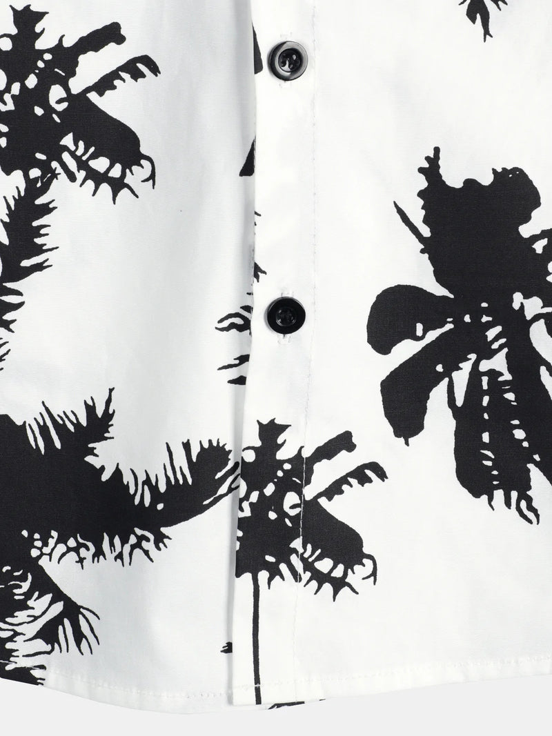 Men's Tropical Palm Tree Print Cotton White Hawaiian Short Sleeve Summer Beach Cruise Camp Shirt