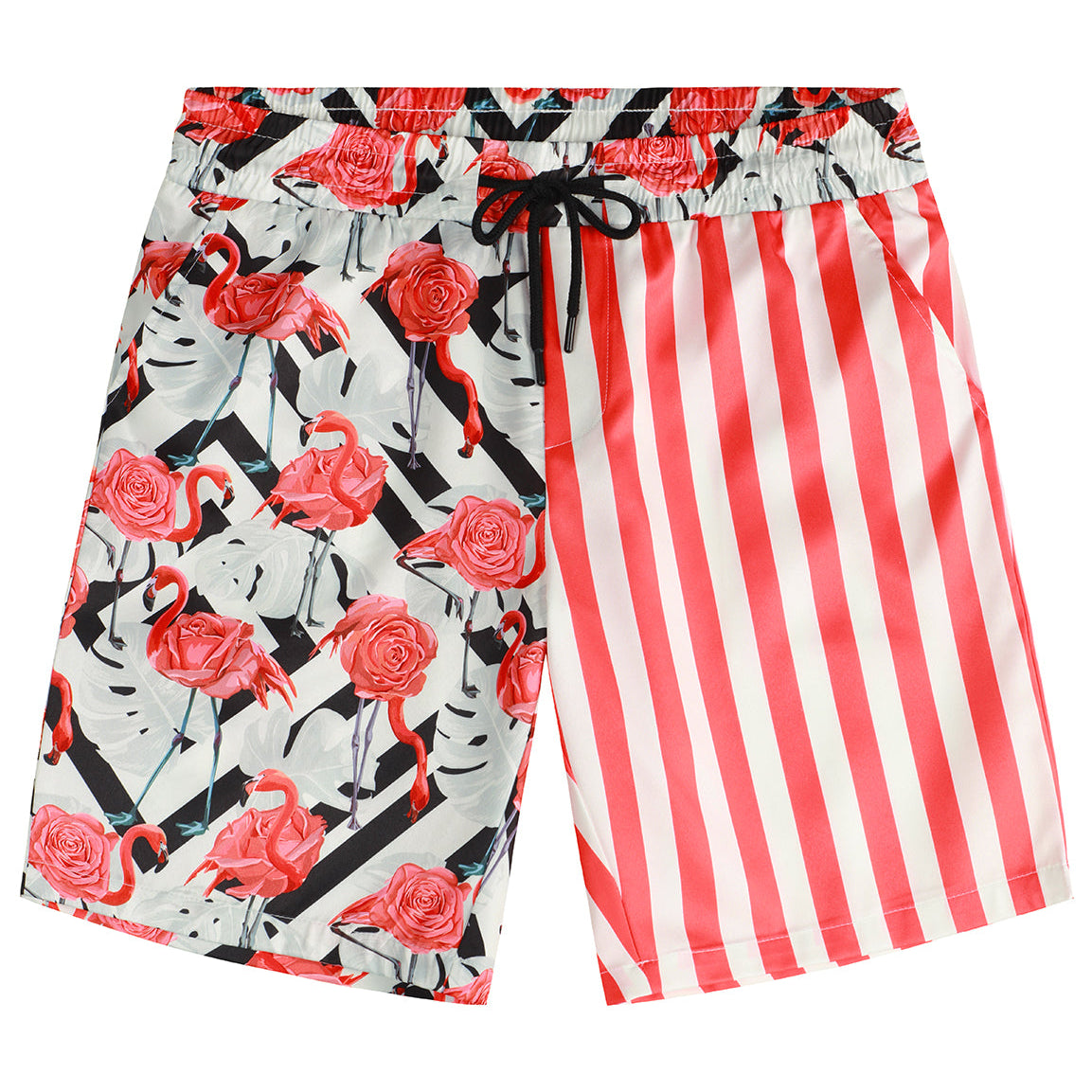 Men's Flamingo and Red Striped Beach Hawaiian Aloha Summer Shorts