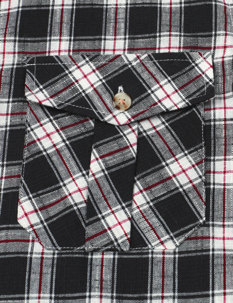 Men's Linen Plaid Pocket Cowboy Check Short Sleeve Black Button Up Western Shirt