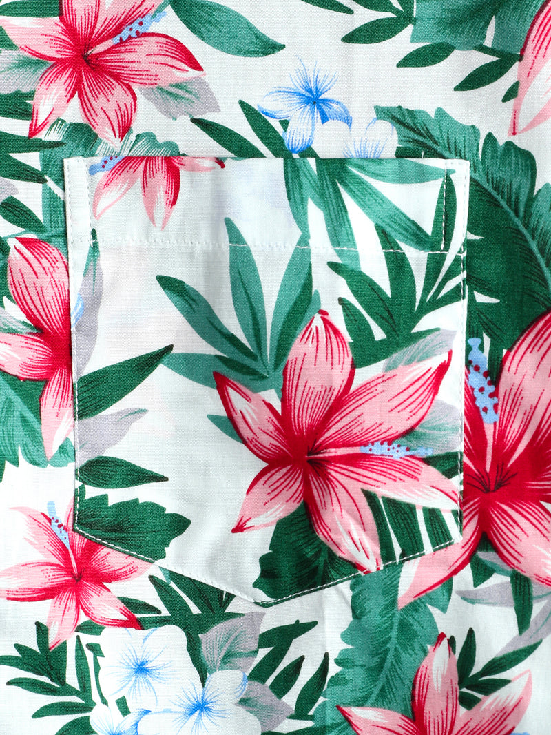 Men's White Tropical Floral Pocket Holiday Cotton Shirt