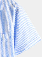 Men's Striped Cotton Blue Summer Button Up Cuban Collar Camp Short Sleeve Beach Shirt