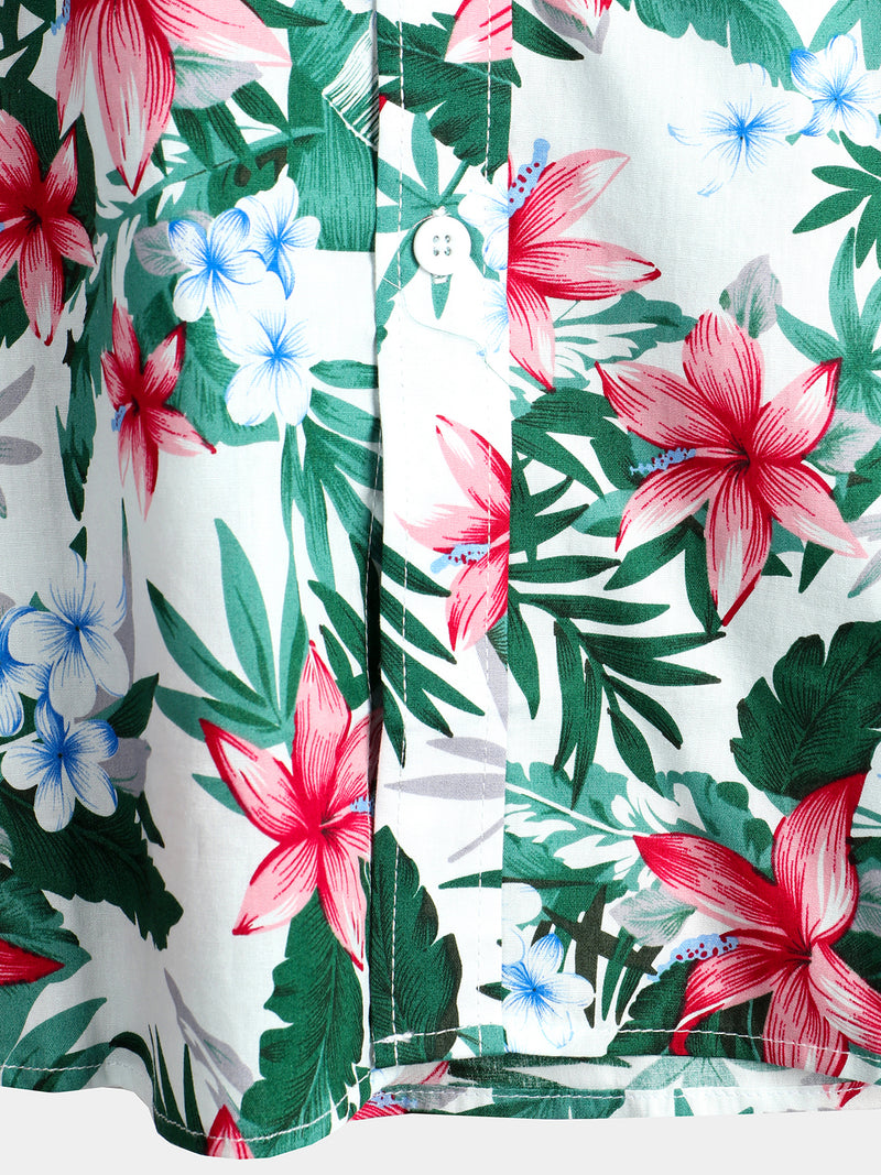 Men's White Tropical Floral Pocket Holiday Cotton Shirt
