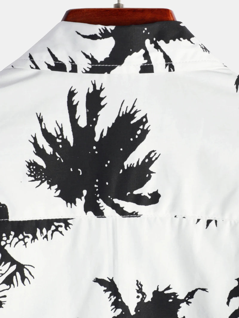 Men's Tropical Palm Tree Print Cotton White Hawaiian Short Sleeve Summer Beach Cruise Camp Shirt