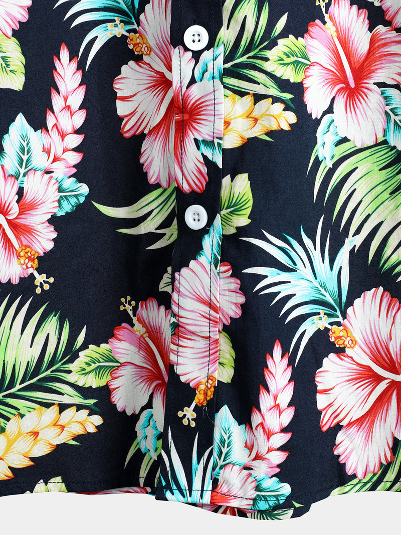 Men's Dark Blue Floral Holiday Short Sleeve Cotton Shirt