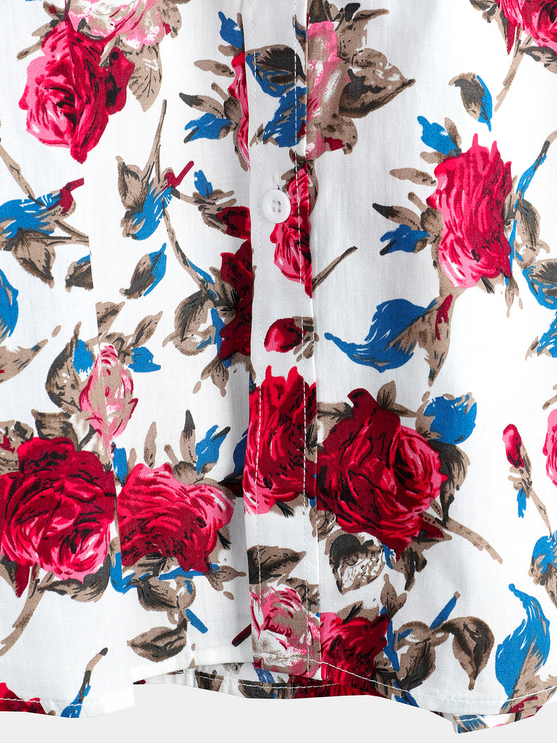 Men's White Floral Print Holiday Cotton Rose Shirt