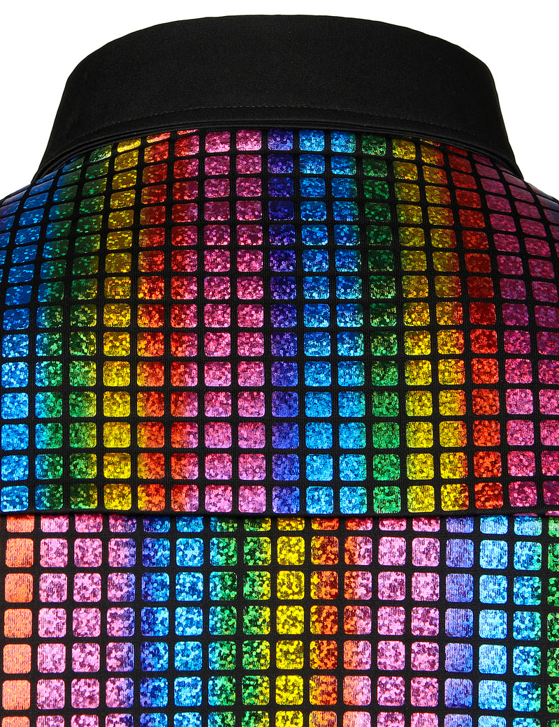 Men's Dress Shirt Sequins Button Down Long Sleeve Shirts Disco Party Costume