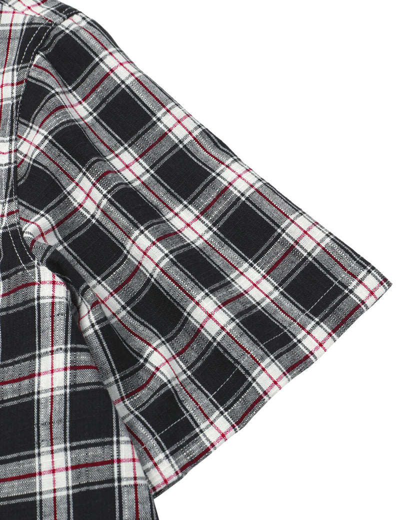 Men's Linen Plaid Pocket Cowboy Check Short Sleeve Black Button Up Western Shirt