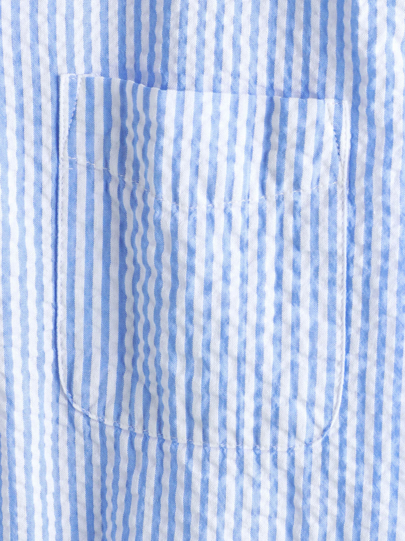 Men's Striped Cotton Blue Summer Button Up Cuban Collar Camp Short Sleeve Beach Shirt