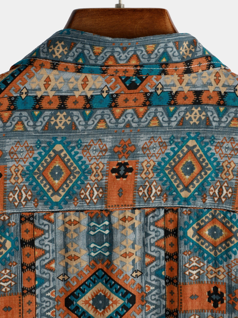 Men's Casual Vintage Short Sleeve 70s Retro Patchwork Button Up Lapel Shirt