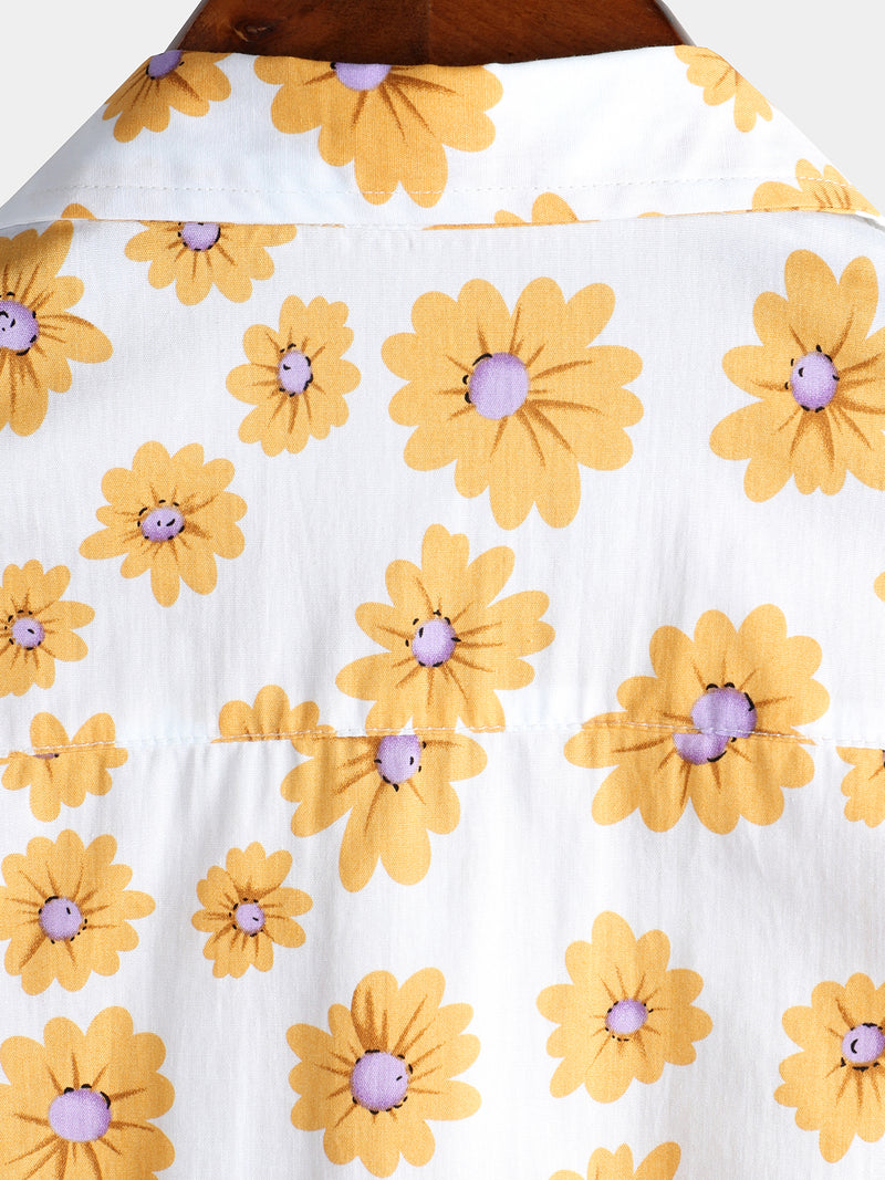 Men's Floral Daisy Print Tropical Hawaiian Cotton Flower Shirt