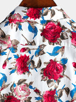 Men's White Floral Print Holiday Cotton Rose Shirt