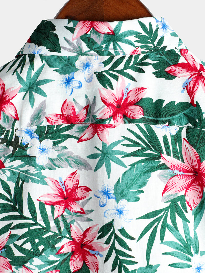 Men's White Tropical Floral Pocket Holiday Cotton Shirt