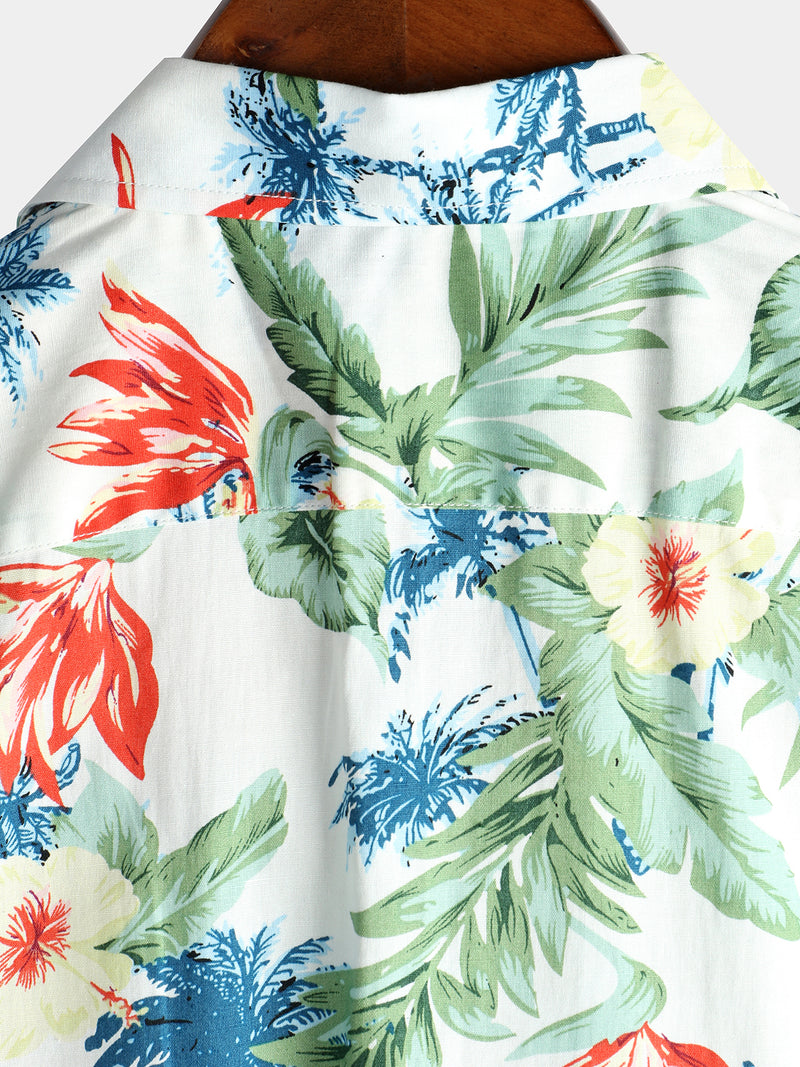 Men's Tropical Floral White Pocket Holiday Cotton Shirt