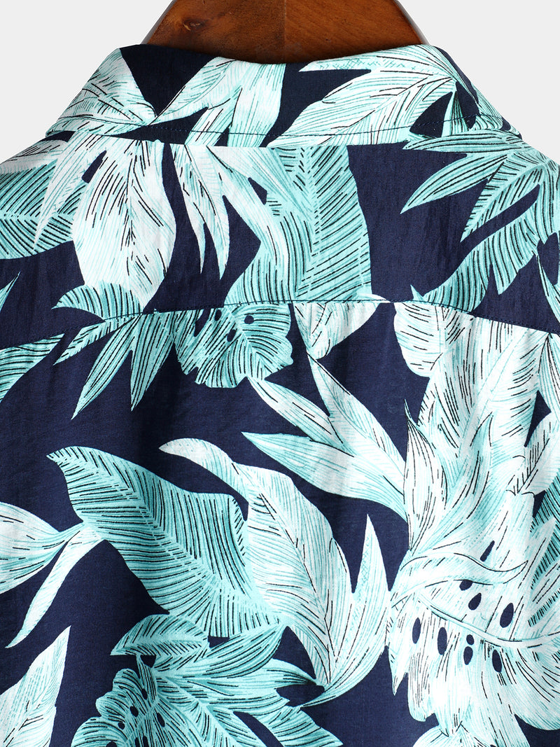 Men's Tropical Leaf Print Pocket Short Sleeve Shirt