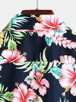 Men's Dark Blue Floral Holiday Short Sleeve Cotton Shirt