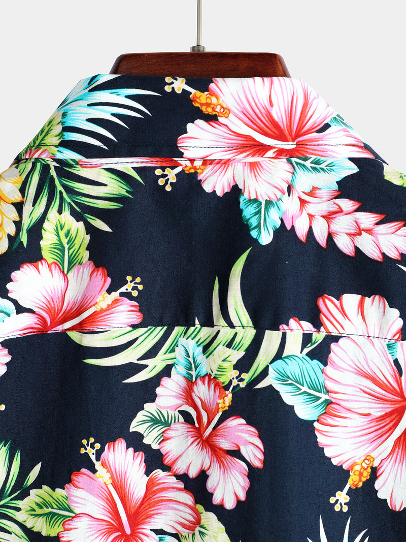 Men's Dark Blue Floral Holiday Short Sleeve Cotton Shirt