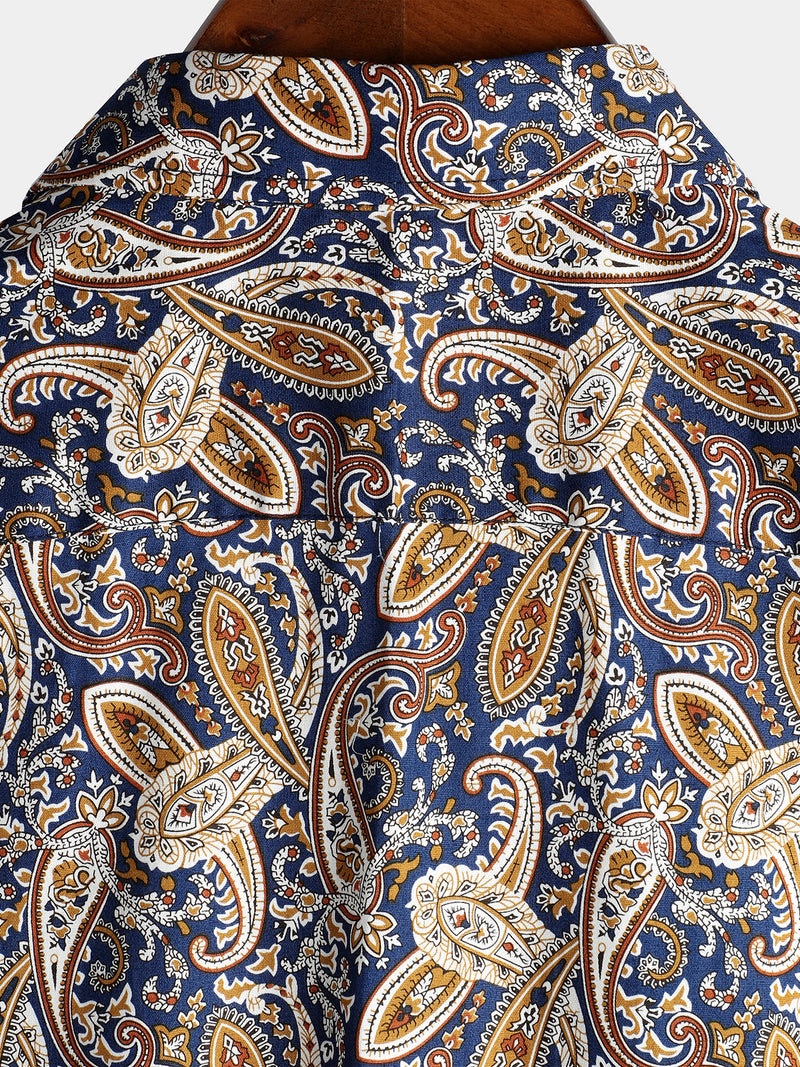 Men's Vintage Paisley Pocket Holiday Cotton Short Sleeve Shirt