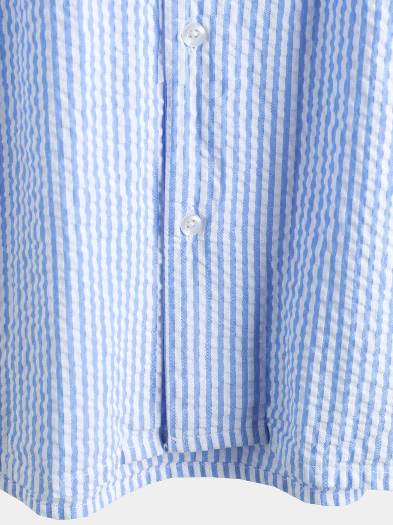 Men's Striped Cotton Blue Summer Button Up Cuban Collar Camp Short Sleeve Beach Shirt