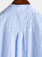 Men's Striped Cotton Blue Summer Button Up Cuban Collar Camp Short Sleeve Beach Shirt