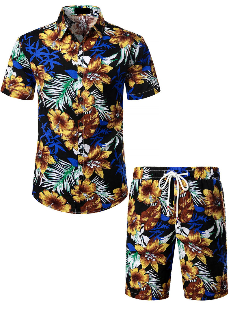 Men's Flower Casual Button Down Hawaiian Shirts&Shorts