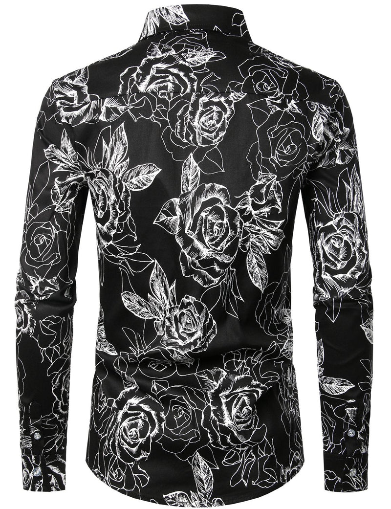 Men's Floral  Long Sleeve Cotton Casual Button Down Shirt