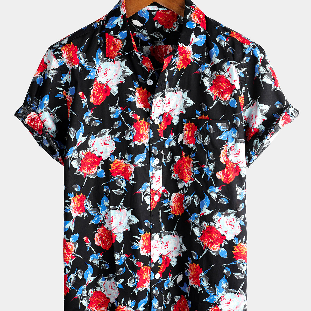 Men's Rose Pocket Black Floral Holiday Cotton Short Sleeve Shirt