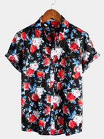 Men's Rose Pocket Black Floral Holiday Cotton Shirt