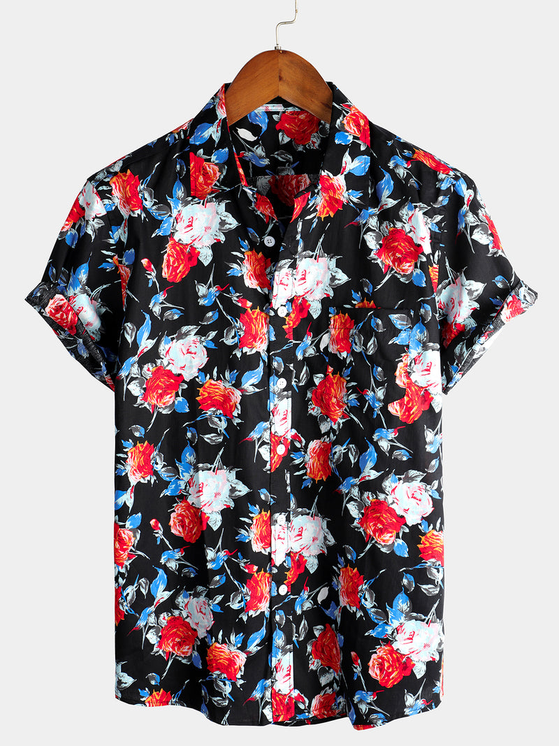 Men's Rose Pocket Black Floral Holiday Cotton Shirt